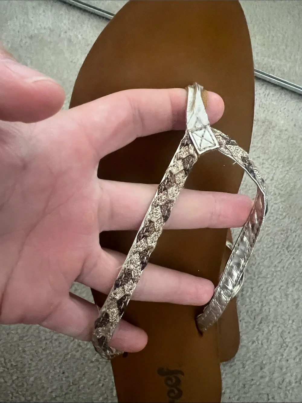 Reef Tan Flip Flop Sandals with Silver Snake-Print Straps